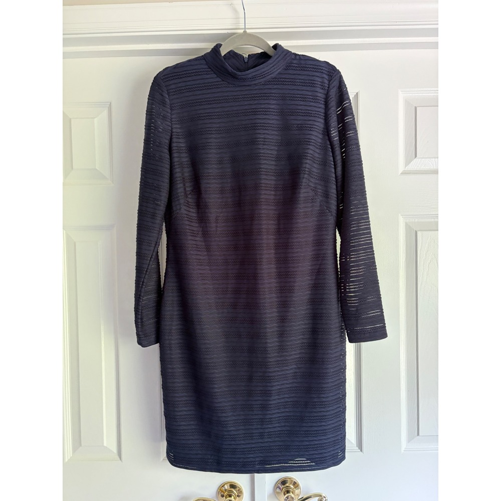 Chaps Sheath Dress Womens 14 Navy Blue Mock Neck Long Sleeve Office Textured
